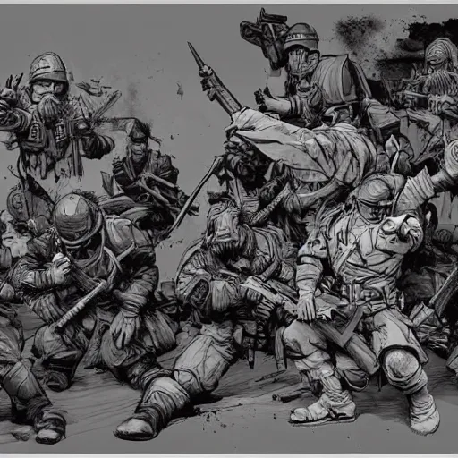 Prompt: War scene by kim jung gi, trending on artstation