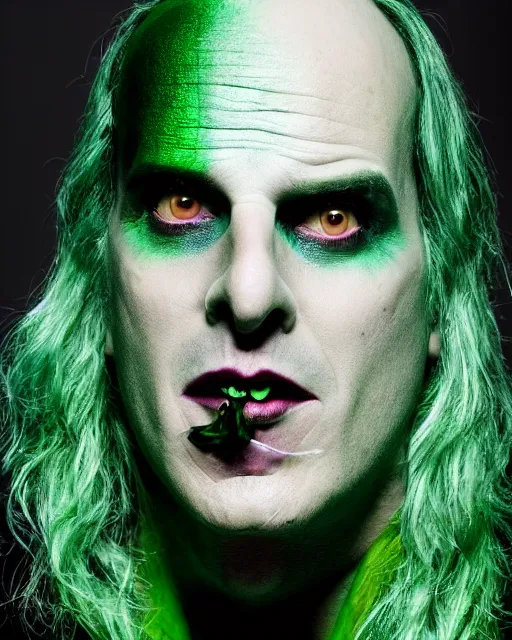Image similar to Will Arnett as Beetlejuice, white makeup, green hair, cinematic lighting, 4k photograph
