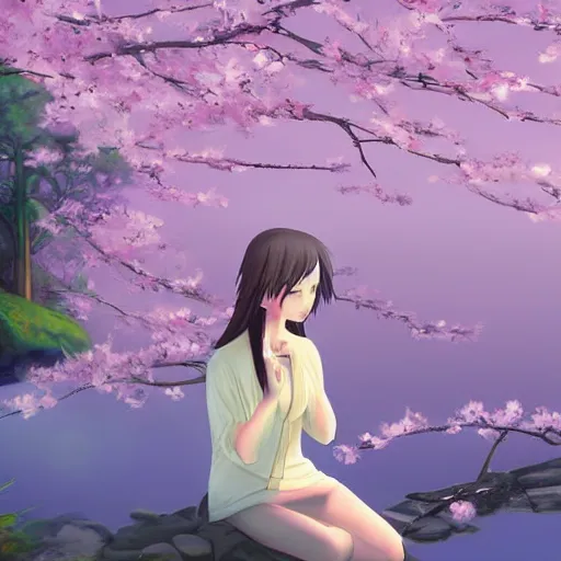 Image similar to Soft blur, digital art, anime, advanced digital art, girl sitting at the edge of a cliff overlooking a lake filled with sakura petals, light reflected on her face. —W 1024 —H 1024