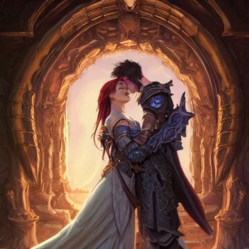 Image similar to a young couple, a mortal male rogue and a lightning goddess! hugging each other in front of the portal of eternity!, D&D, fantasy, intricate, elegant, highly detailed, digital painting, artstation, concept art, matte, sharp focus, illustration, hearthstone, art by Artgerm and Greg Rutkowski and Alphonse Mucha