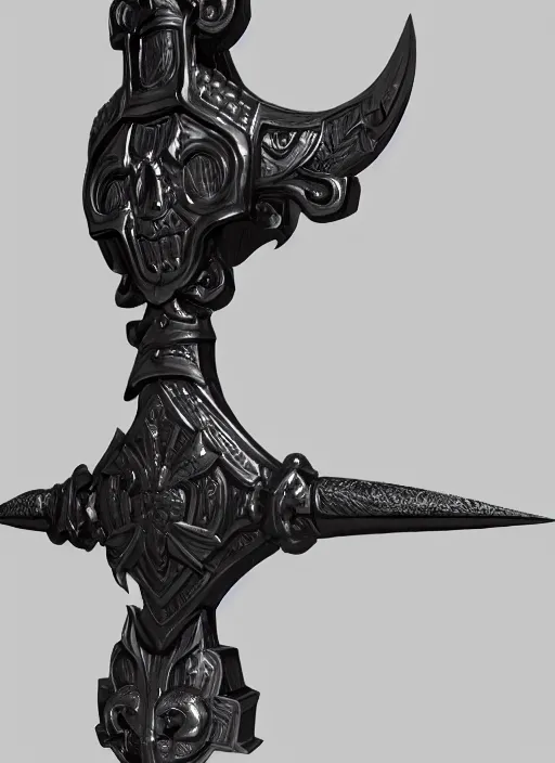 Image similar to a black long sword skull crest, orthographic, ornament, weapon, a 3 d render by dom qwek, front side views full, trending on polycount, artstation, hard surface modeling, rendered in maya, 3 ds max, blender, hd, vray, berserk guts