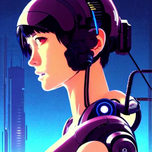 Image similar to side portrait scifi cyborg girl with robotic parts and spacesuit | | head only in center of image, audrey plaza, fine detail!! anime!! realistic shaded lighting!! poster by ilya kuvshinov katsuhiro otomo ghost - in - the - shell, magali villeneuve, artgerm, jeremy lipkin and michael garmash and rob rey