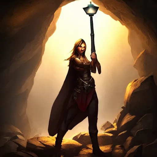 Image similar to a epic hero adventurer holding a torch in a dark cave, artgerm, realistic, cryengine, symmetric