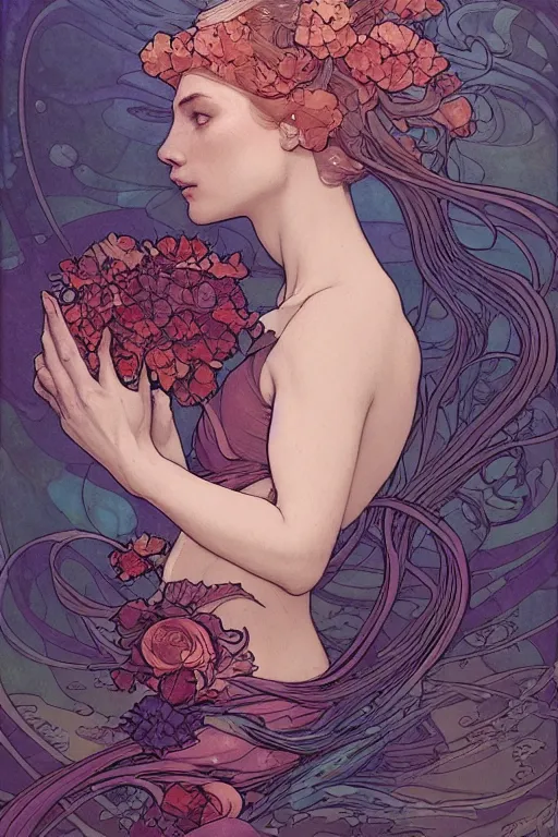 Image similar to profile portrait of a beautiful mysterious woman underwater, hidden hands holding a bouquet of flowers, corals and fish, by eve ventrue, michael carson, andreas rochas, john watkiss, casey weldon, artgerm. art nouveau. tarot card by mucha. gloomhaven. swirly intricate linework background. gaudy colors, sharp edges. octane render