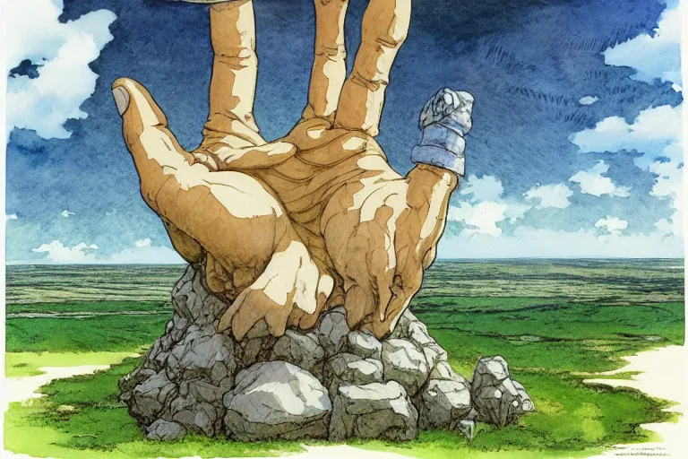 Prompt: hyperrealist studio ghibli watercolor fantasy concept art of a giant hand holding a stone extending from the sky to the ground above stonehenge. by rebecca guay, michael kaluta, charles vess