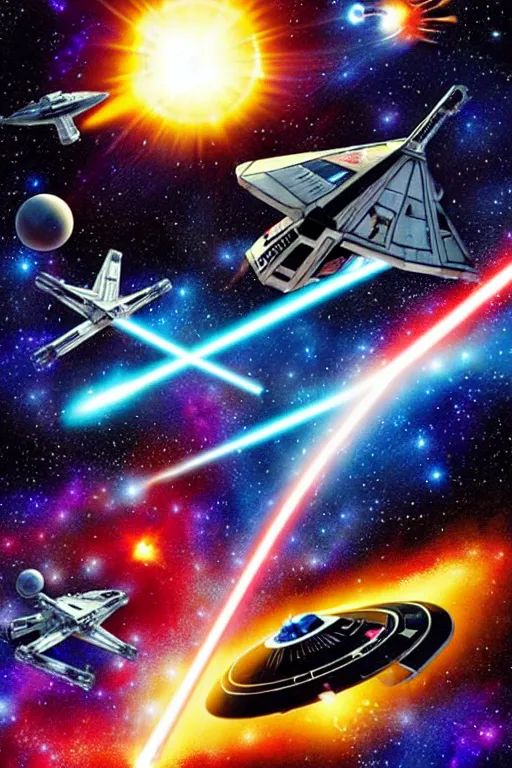 Prompt: a space fight between star trek and star wars. a giant super nova is in the background. highly detailed. colorful.