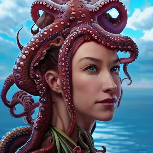 Prompt: portrait painting of octowoman, half man, half octopus, ultra realistic, concept art, intricate details, extremely detailed, photorealistic, octane render, 8 k, unreal engine. art by artgerm and dan mumford and alphonse mucha and studio ghibli