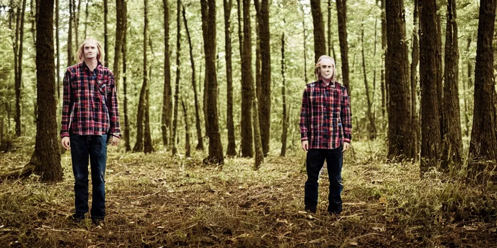 Image similar to tall!!! (((blond))) man wearing a flannel shirt in a forest, long wavy hair, long blond hair, blond, forest, trees, flannel shirt, lumbarjack, photo, low angle photo,