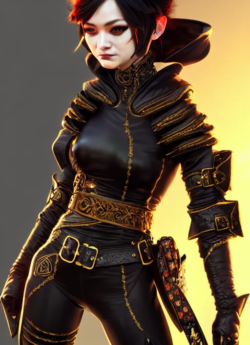 Image similar to rogue, fantasy ornate leather bandit outfit!!! beautiful and athletic short hair female!! gorgeous face and eyes!! character concept art, sharp focus, octane render! unreal engine 5! highly rendered!! trending on artstation!! detailed linework!! illustration by artgerm, wlop, and chie yoshii