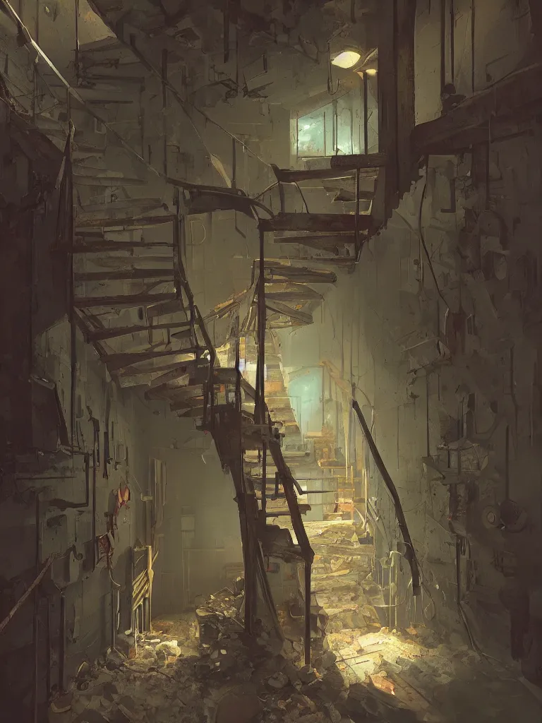 Image similar to down a basement staircase in a painting from stalenhag, 4 k, 8 k, hdr, artstation, concept art