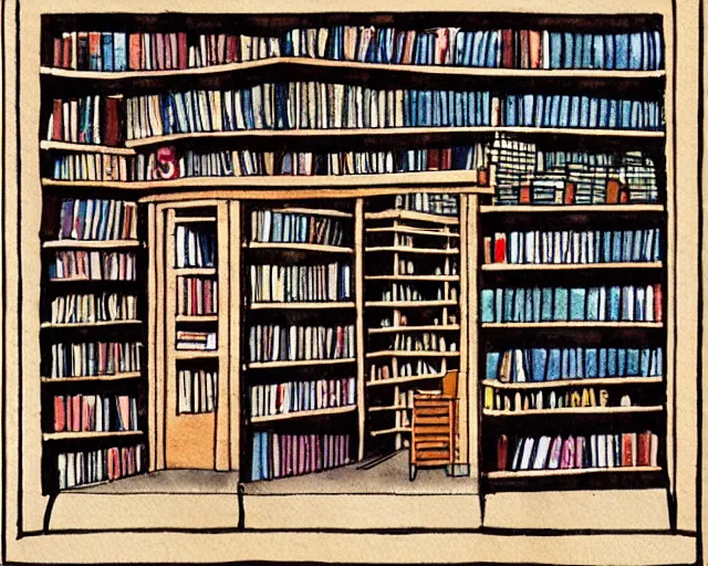 Image similar to small bookstore simple geometric watercolor painting in the style of george barbier