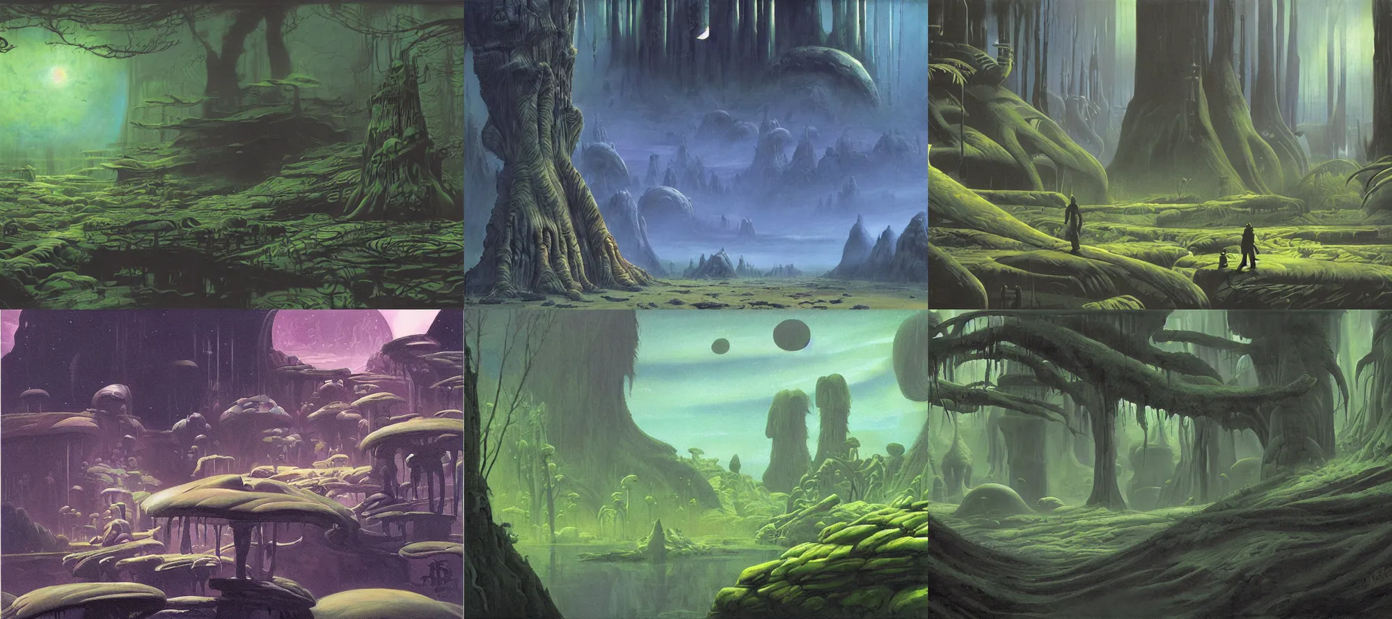 Prompt: A Dagobah landscape in the style of Dr. Seuss, starships, painting by Ralph McQuarrie