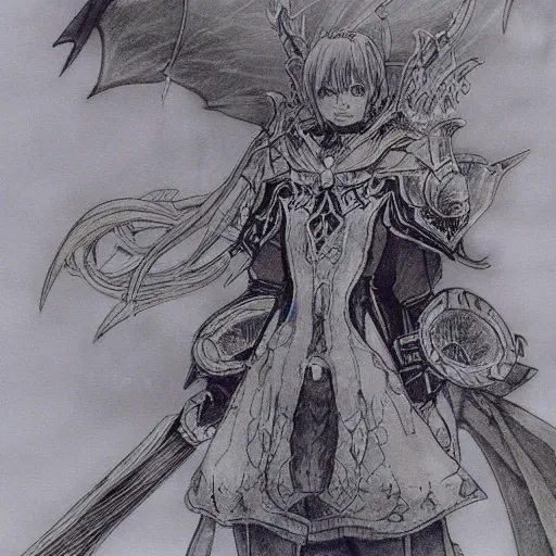 Image similar to a mage from final fantasy 14 drawn by Yoshitaka Amano,