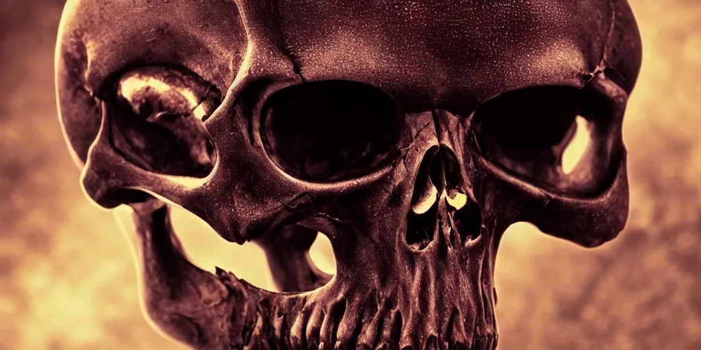 Image similar to an alien skull closeup, studio lighting, deep colors, apocalyptic setting, gross, evil