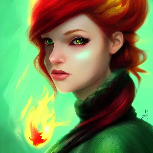 Image similar to a beautiful stunning fantasy whimsical matte digital portrait illustration of a pretty womam with bright green eyes and fiery red hair and a green bird, in the style of Ross Tran, trending on artstation, contest winner