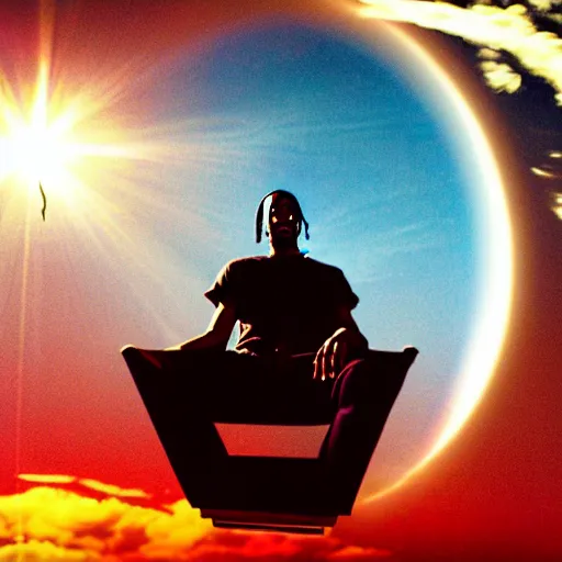 Prompt: Travis Scott sitting on a chair floating over Earth, 4k, Aubrey Powell, vintage photo, lens flare, beautiful cinematography, surreal, film grain