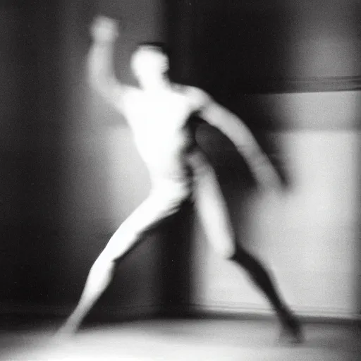 Prompt: a smudged, grainy and blurry photograph showing the whole body of a man dynamically and frenetically dancing in a dark room, taken with soviet flash camera at slow shutter speed