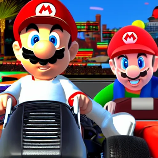 Image similar to video game screenshot of eminem in mario kart