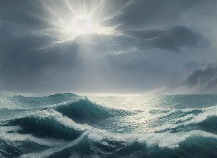 Image similar to an seascape painted by, mc escher, gordon onslow ford, georgia o'keeffe and ivan aivazovsky, cinematic light, god rays, unreal engine, zbrush central,