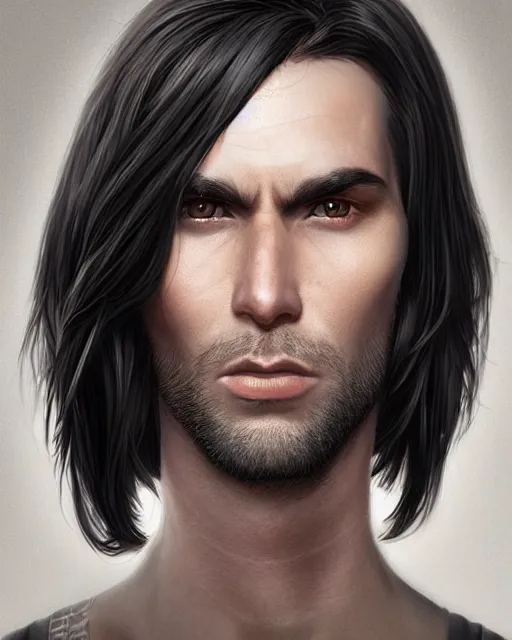 Prompt: portrait of tall, 3 3 - year - old handsome man with long dirty black hair, and grey eyes, wearing black clothes, no beard, hyper realistic face, beautiful eyes, character art, art by mark brooks, hyperdetailed, cryengine, trending on artstation, digital art
