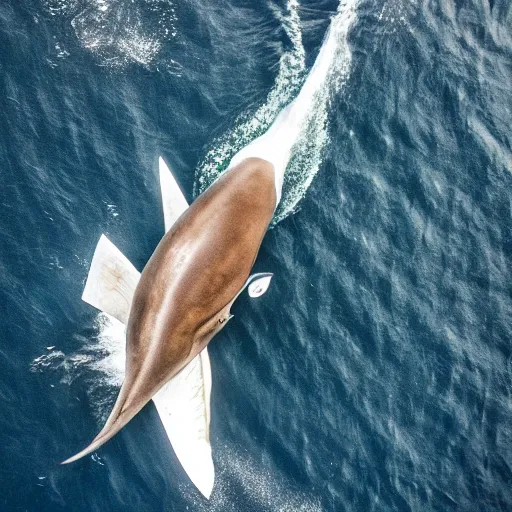 Image similar to an aerial photograph of a giant shark underneath a small boat. photograph. high quality. national geographic.