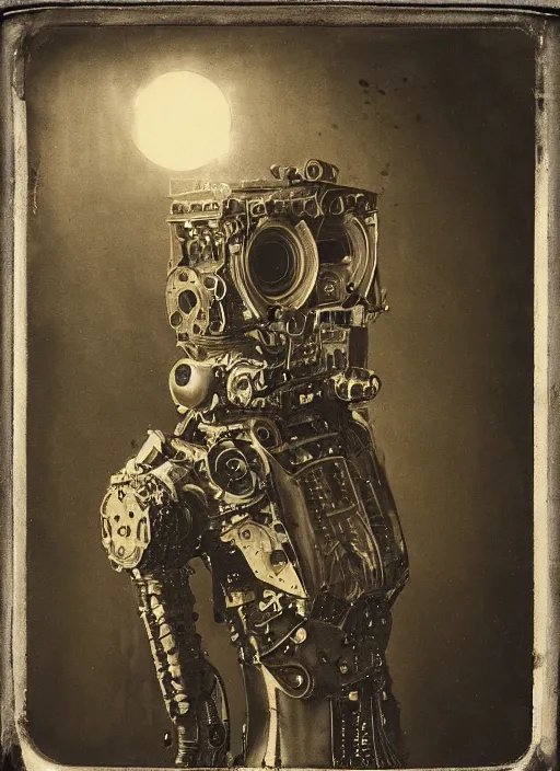 Image similar to old wetplate daguerreotype portrait of futuristic robot, dubbel negative exposure, explosion of data fragments, fractal, intricate, elegant, highly detailed, parallax, leica, medium format, subsurface scattering, by jheronimus bosch and greg rutkowski and louis jacques mande daguerre