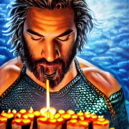 Prompt: intricate five star portrait of aquaman blowing the candle at his birthday, oil on canvas, hdr, high detail, photo realistic, hyperrealism, matte finish, high contrast, 3 d depth, centered, masterpiece, grainy, muted colors, enhanced light effect, enhanced eye detail, artstationhd