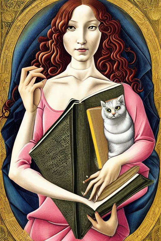 Prompt: botticelli illustration of romantic girl, her cat and her book of necronomicon, symmetrical, cinematic, sharp focus, 4 k, ultra hd, sense of awe, sinister demonic atmosphere, dreadful, forbidden knowledge, old gods, cthulhu, yog - sothoth! yah, yah, yah! cultist journal cover