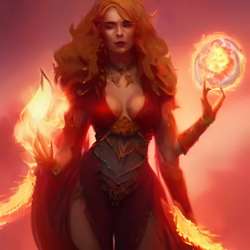 Prompt: beautiful ageless goddess of fire stands in her power, 8k resolution matte fantasy painting, detailed character concept art, cinematic lighting, DeviantArt Artstation, by Ross Tran