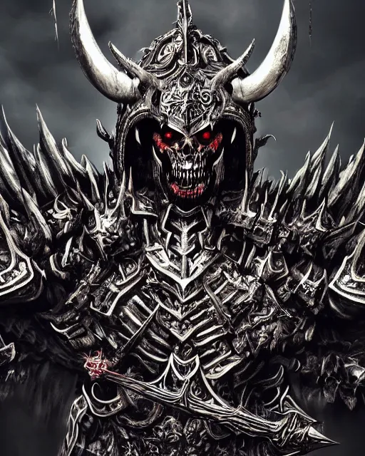 Prompt: hyperdetailed full body portrait of a demon king, hyperdetailed demonic and black armor with crown symbol on chestplate, hyperdetailed demonic crown made out of skulls and sharp horns, holding hyperdetailed demonic battle axe, dramatic light, crossed arms pose, hd, sharp focus, illustration, studio light, trending on artstation