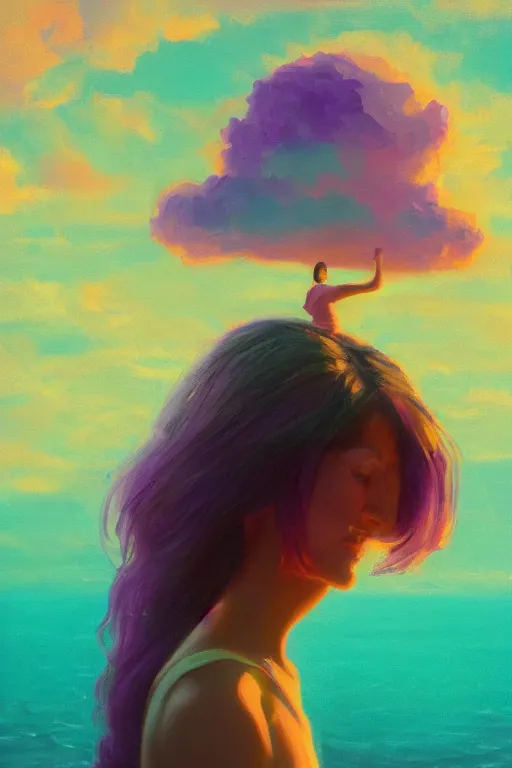 Image similar to closeup, giant lilac head, girl on beach, surreal photography, golden hour, colorful clouds, impressionist painting, digital painting, artstation, simon stalenhag