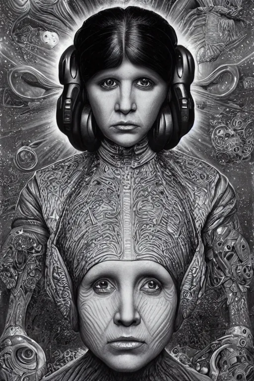 Image similar to highly detailed portrait of princess leia organa by alex grey, patrick woodroffe, mark ryden created by gustave dore and greg rutkowski, high detailed, smooth draw, synthwave neon retro, intricate, realistic proportions, dramatic lighting, trending on artstation