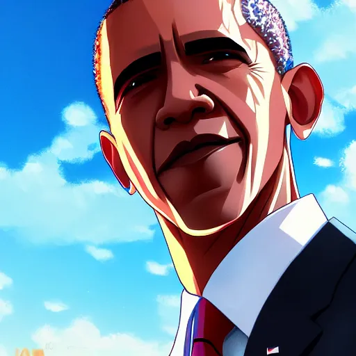 Prompt: barack obama as an anime protagonist, beautiful anime style, portrait, close - up, cinematic rim lighting, dramatic pose, beautiful sunset, professional, highly detailed, clear, sharp, smug expression, trending on artstation