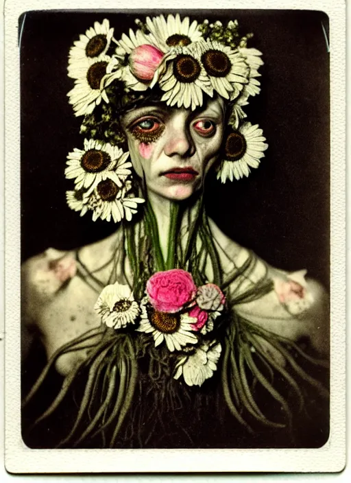 Prompt: beautiful and detailed rotten woman made of plants and many types of stylized flowers like carnation, daisy, chrysanthemum, anemone, roses and tulips, intricate, surreal, john constable, gustave courbet, caravaggio, romero ressendi, bruno walpoth 1 9 1 0 polaroid photo