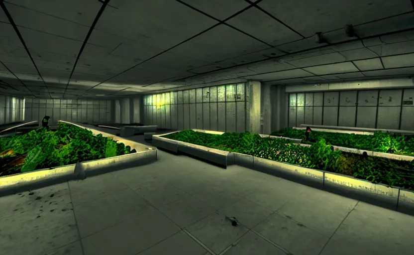 Prompt: in-game screenshot of a group of hazmat scientists on Playstation 2, in a liminal underground garden, photorealistic, retrofuturism, brutalism, staggered terraces, minimalist, soft vintage glow