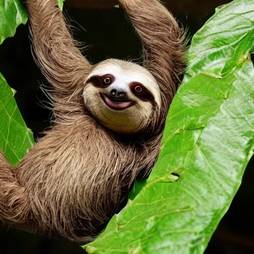 Image similar to an energetic young sloth with big eyes swinging on a vine