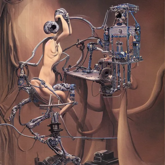 Prompt: robot artist painting a self - portrait on a canvas. intricate, highly detailed, digital matte painting in the style of alberto vargas and in the style of wayne barlowe. irony, recursion, inspiration.