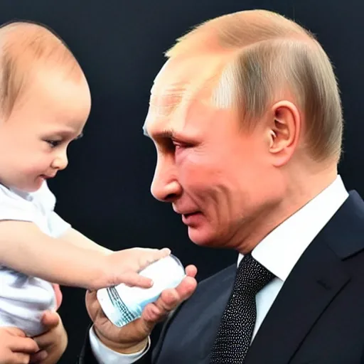 Image similar to vladimir putin giving a bottle shaped like a missile to a baby with the face of zelensky in his arms