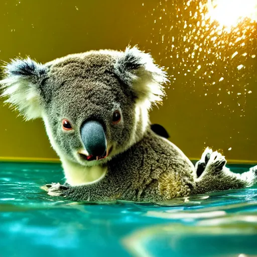 Prompt: koala swimming under water with his friend a frog