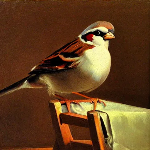 Prompt: sharp focus, highly detailed, artstation, an oil painting of a sparrow perched on a chair, by diego velazquez, oleo