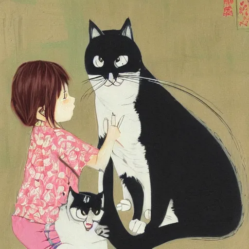 Image similar to Two girls attempt to hold an angry cat, painting by Yoshitomo Nara