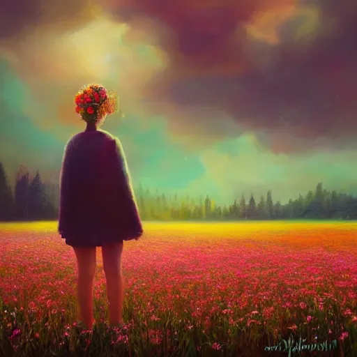 Image similar to girl with a flower face, surreal photography, dream, standing in flower field, magical, in a valley, sunrise dramatic light, impressionist painting, colorful clouds, artstation, simon stalenhag, flower as face