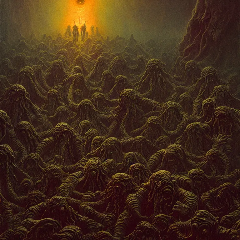 Prompt: a cinematic scene from the human soldiers fleeing cthulhu, lovecraft, concept art by beksinski and jean delville, dramatic lighting, ultra hd, hdr, 8 k