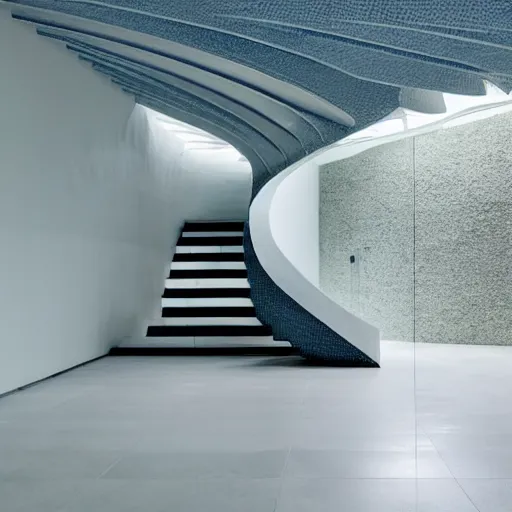 Image similar to a large room with minimalist architecture, partially flooded by blue green water, liminal space, made of all white ceramic tiles, surreal, curving hallways, rounded ceiling, stairs,