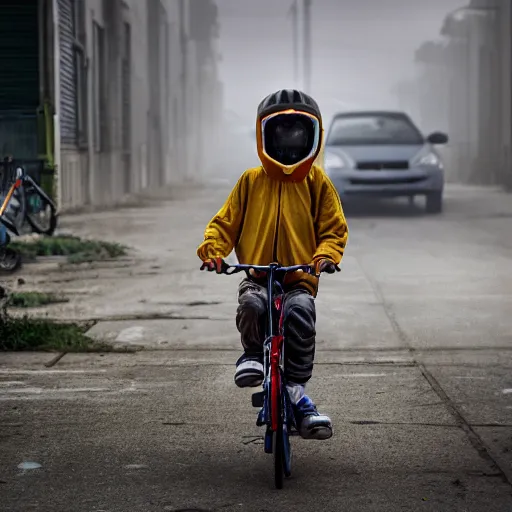 Prompt: a photo of a boy wearing a hazmat suit, riding a bike, side-view, smoke in the background, filthy streets, broken cars. Vines growing. Jpeg artifacts. Full-color photo. 4K UHD. Color color color color color. Award-winning photo. Samyang/Rokinon Xeen 50mm T1.5