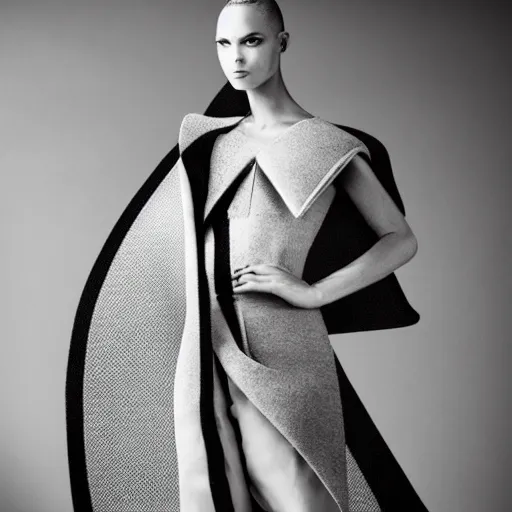 Image similar to a model dressed in an avant garde haute couture dress, angular minimalism, vogue editorial photo, sharp focus dynamic light