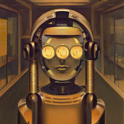 Image similar to detailed face of a synthetic sentient super - intelligent humanoid with nixie tube eyes warming up, warm space, rammed earth courtyard, cool skydome, fresh atmosphere, grant wood, pj crook, syd mead, livia prima, edward hopper, nick alm, casey baugh