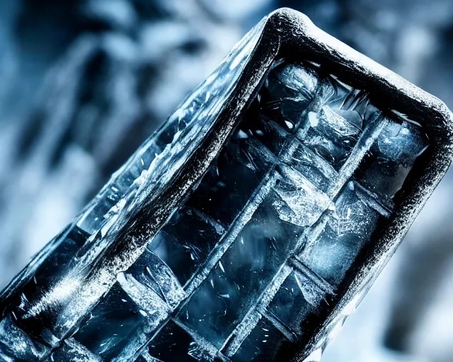 Image similar to close - up large clear ice block in game of thrones, 4 k, epic, cinematic, focus, movie still, fantasy, extreme detail, atmospheric, dark colour, sharp focus