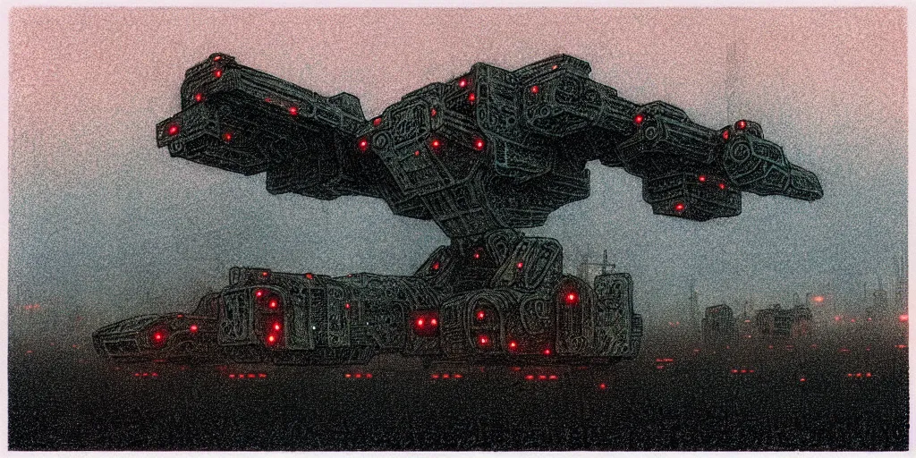 Image similar to grainy risograph matte painting of gigantic huge mech covered with wounds, black, pastel matte colors, staying in the foggy huge parking station, by moebius, hyperrealism, intricate detailed