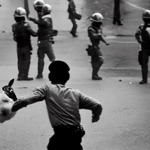 Image similar to a young man throwing a rabbit at a riot cop, leica m 9, voigtlander 3 5 mm, 1 9 6 0 s